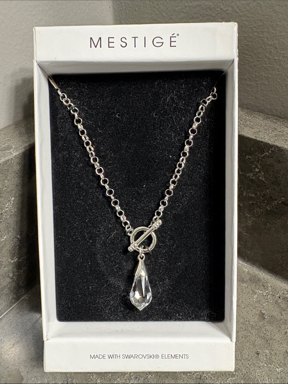 Silver Necklace with Clear Teardrop Crystal Pendant